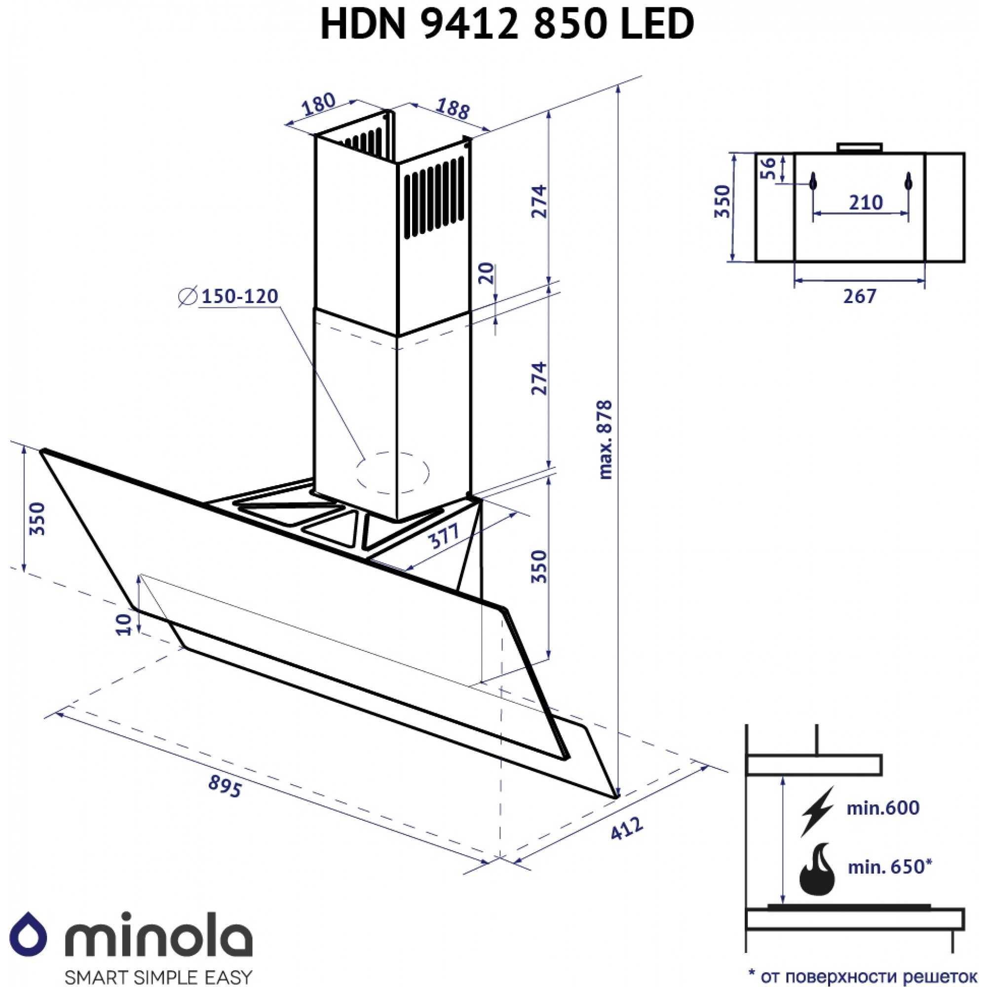 Вытяжка декоративная наклонная MINOLA HDN 9412 BL 850 LED (Цвет Черный) - фото 16 Вытяжка декоративная наклонная MINOLA HDN 9412 BL 850 LED - фото 16
