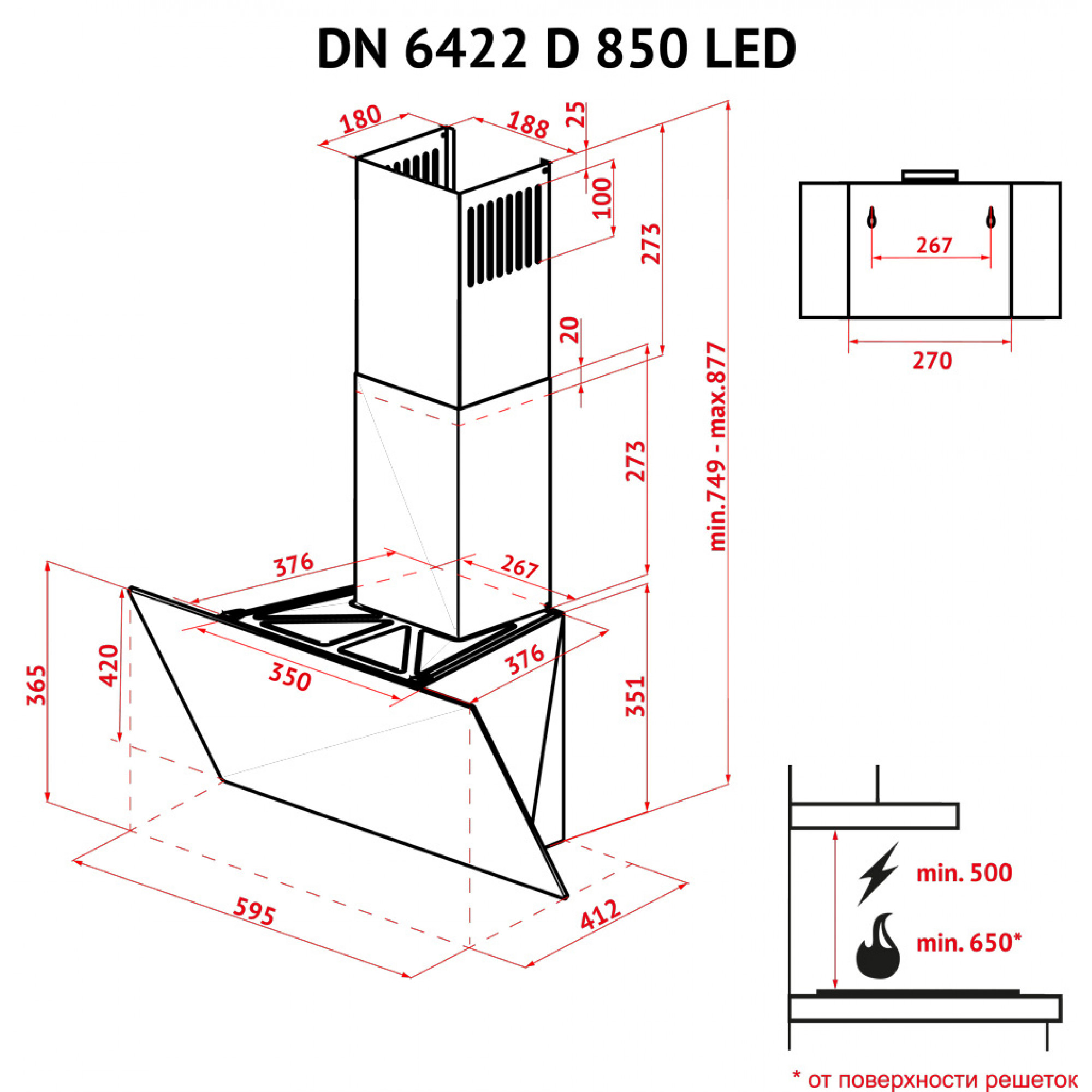 Вытяжка декоративная наклонная PERFELLI DN 6422 D 850 BL LED - фото 15