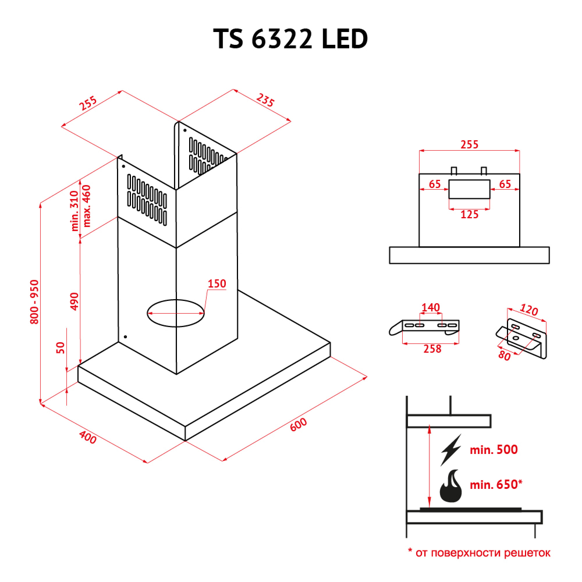Вытяжка декоративная Т-образная PERFELLI TS 6322 I/BL LED - фото 15