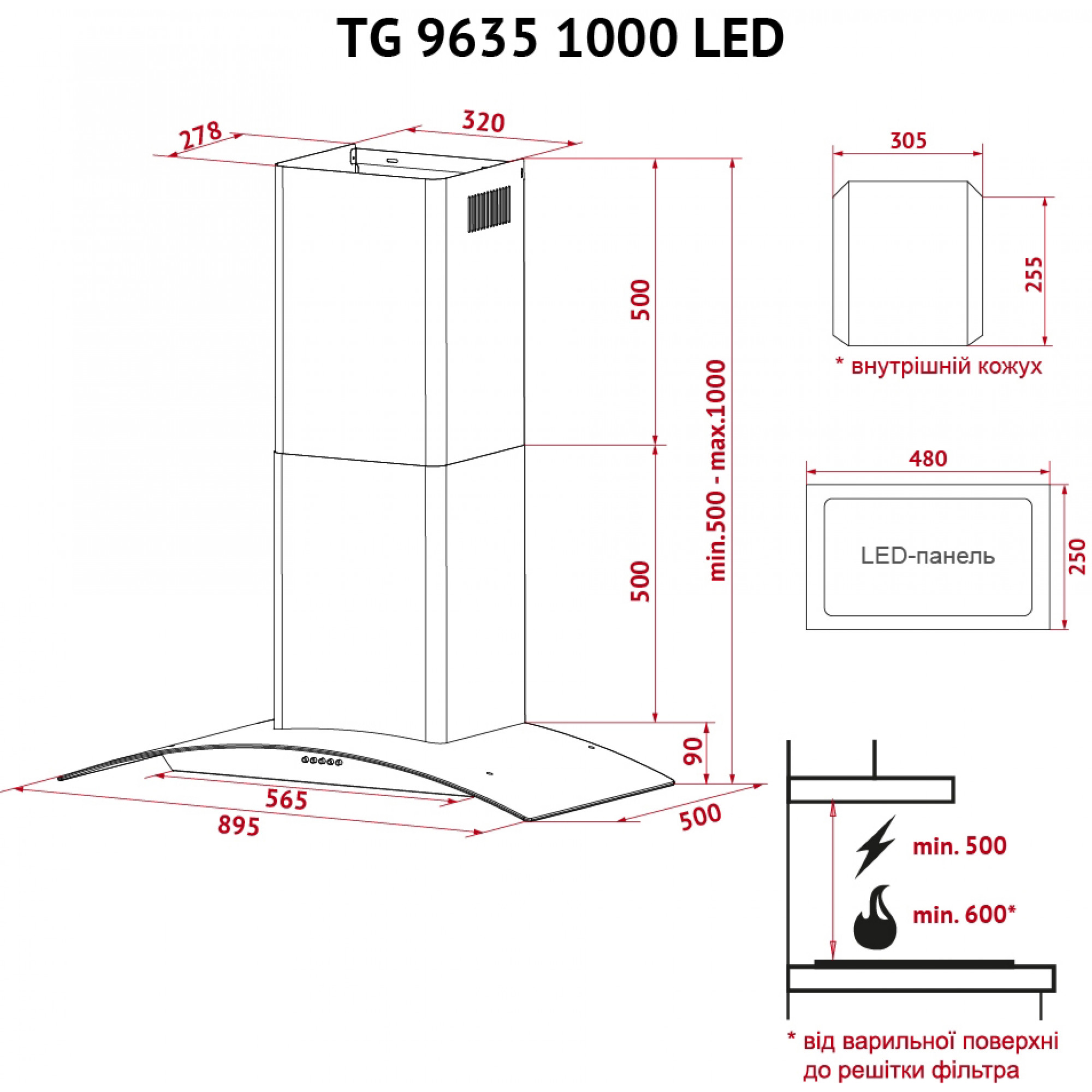 Декоративная вытяжка со стеклом PERFELLI TG 9635 I 1000 LED - фото 12