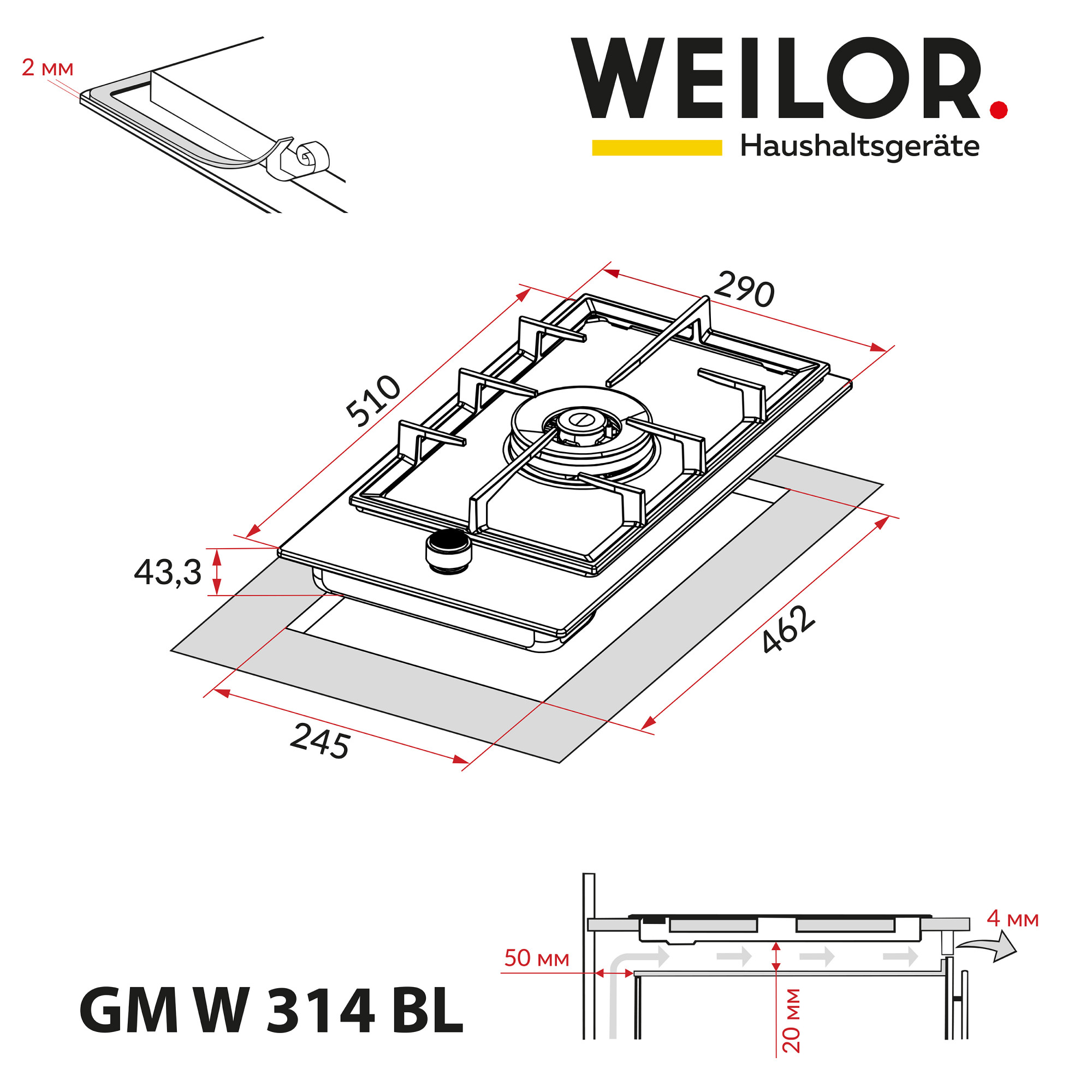 Поверхня газова Domino на металі WEILOR GM W 314 BL - фото 10