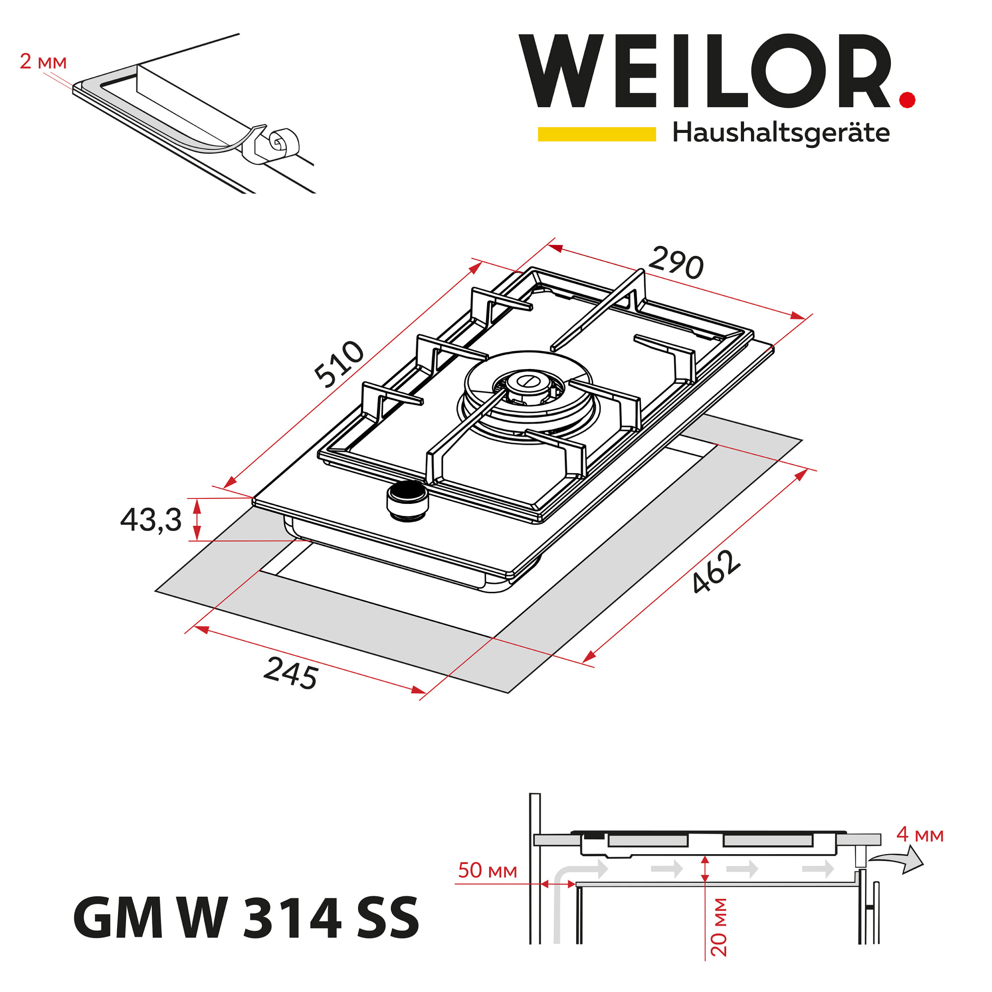 Поверхня газова Domino на металі WEILOR GM W 314 SS - фото 10