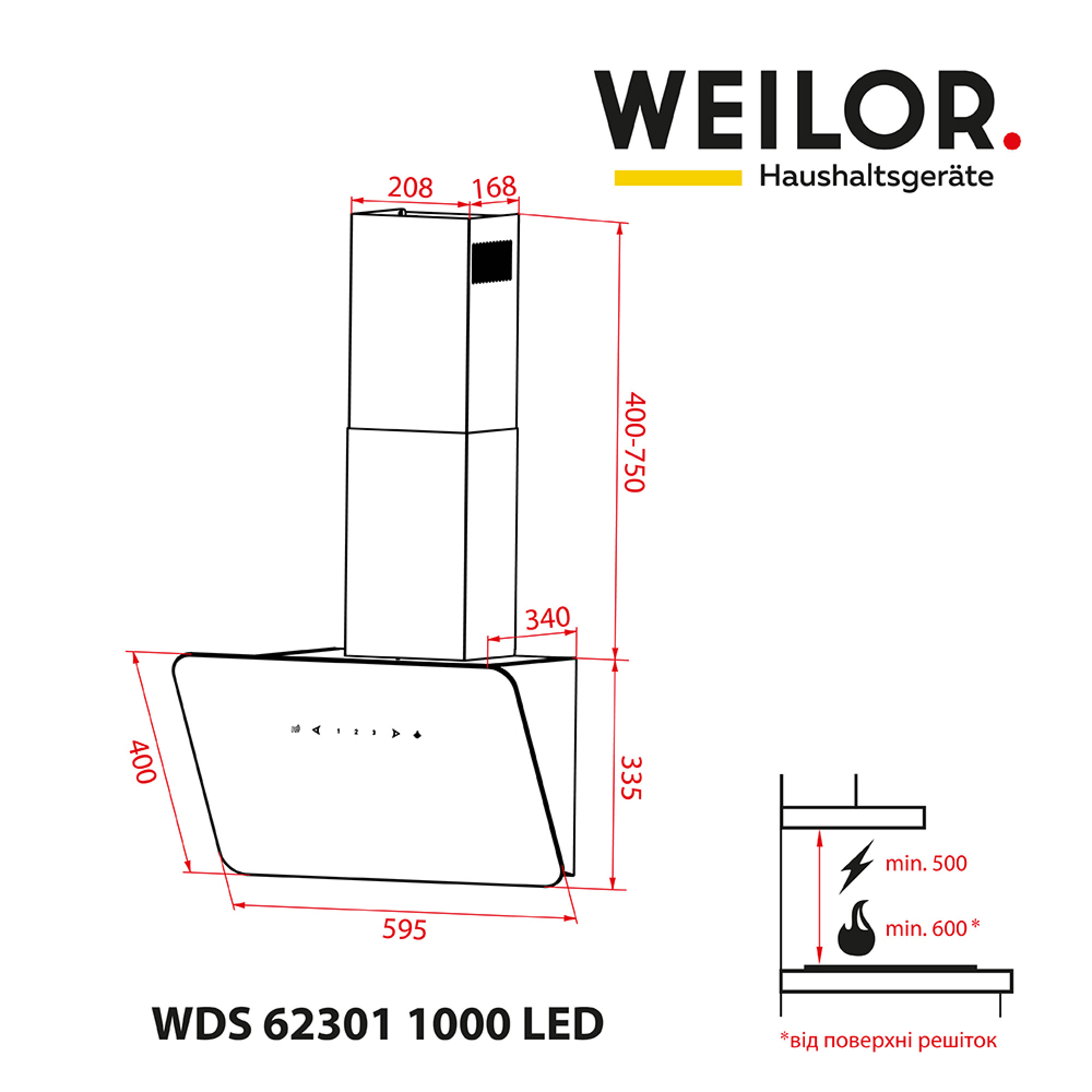 Вытяжка декоративная наклонная WEILOR WDS 62301 R WH 1000 LED - фото 13