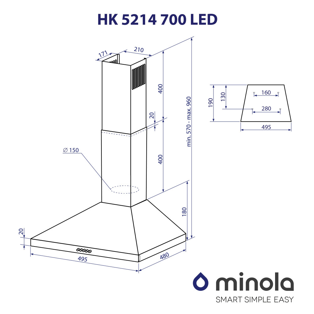 Вытяжка купольная Minola HK 5214 BL 700 LED