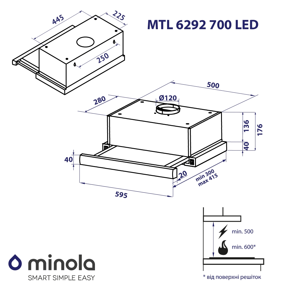 Телескопічна витяжка Minola MTL 6292 BL 700 LED