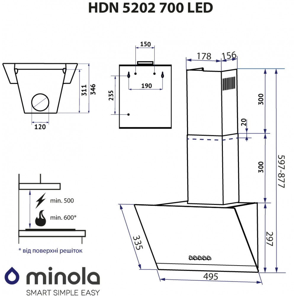 Витяжка декоративна похила Minola HDN 5202 BL/INOX 700 LED