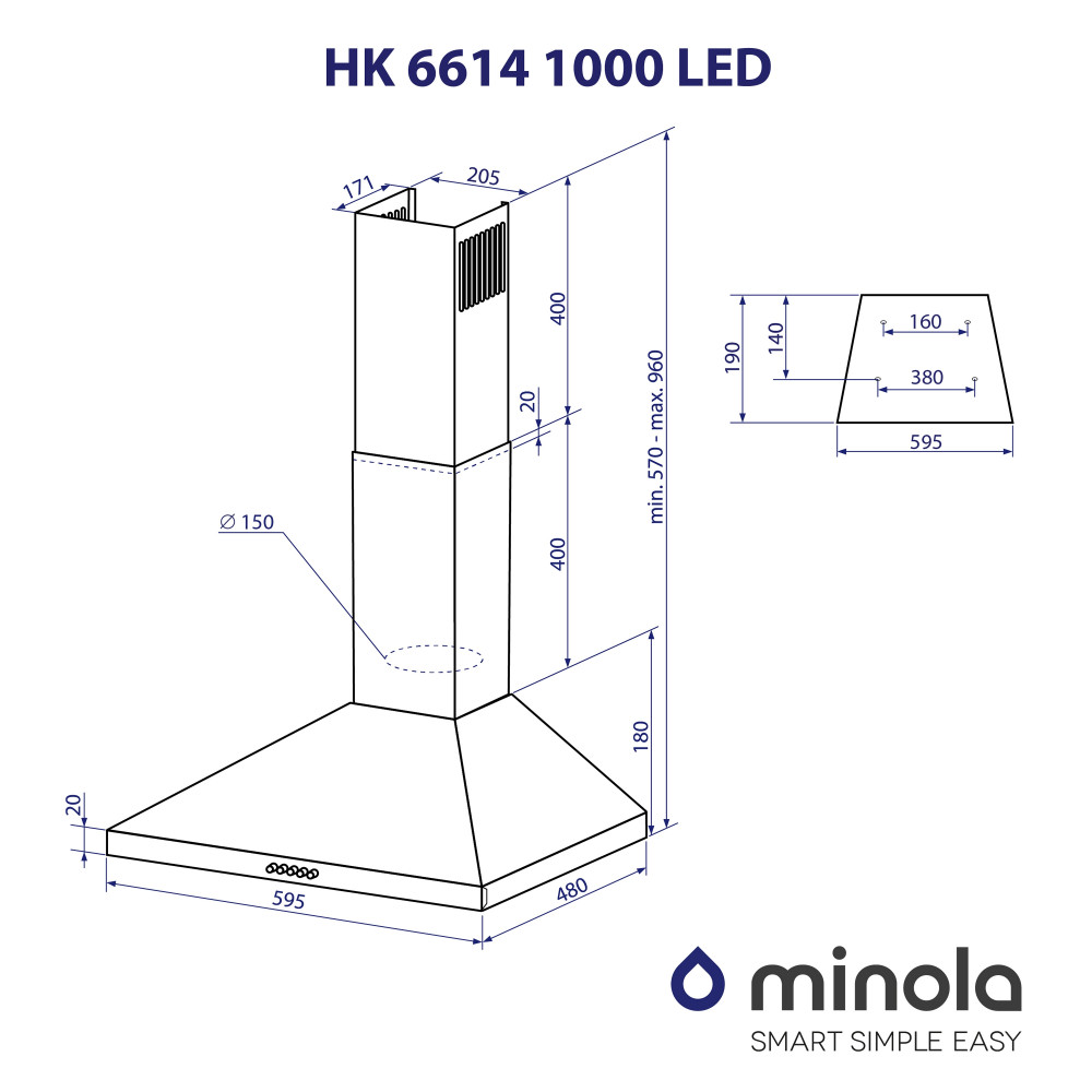 Вытяжка купольная Minola HK 6614 I 1000 LED