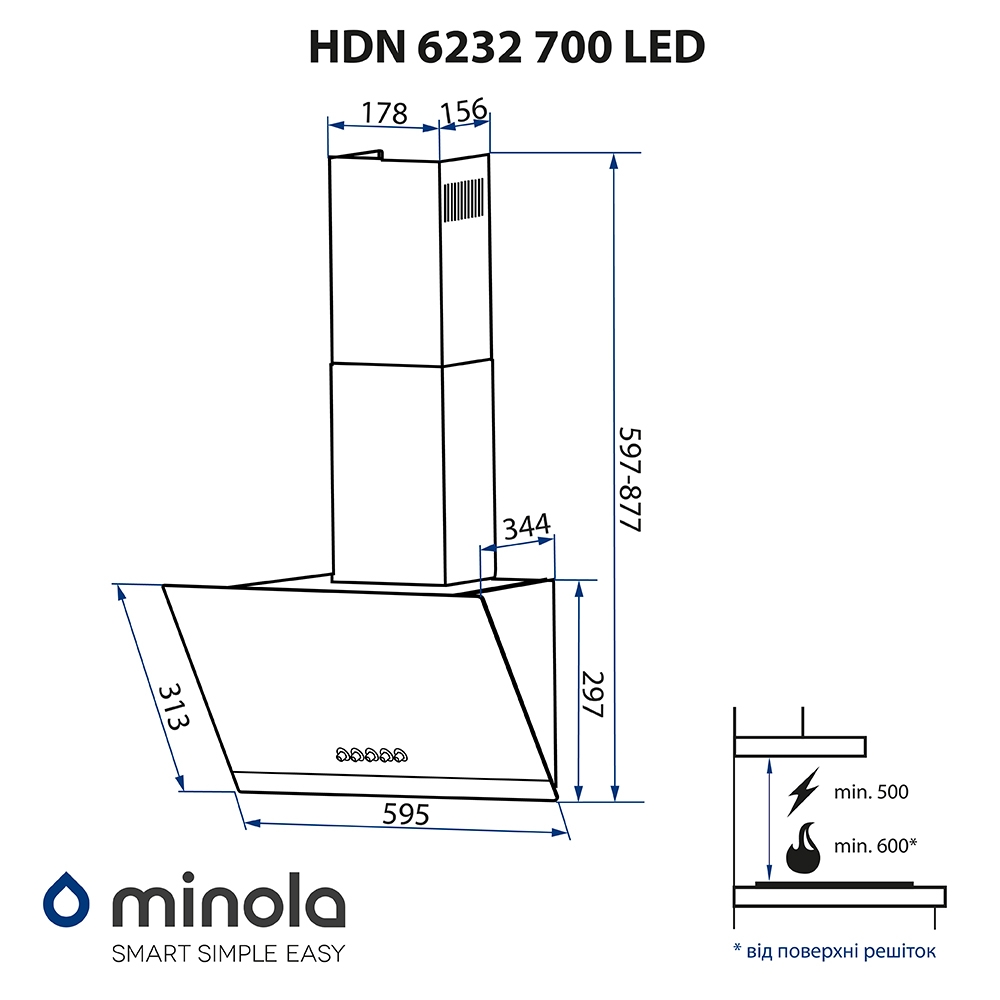 Витяжка декоративна похила Minola HDN 6232 WH/INOX 700 LED