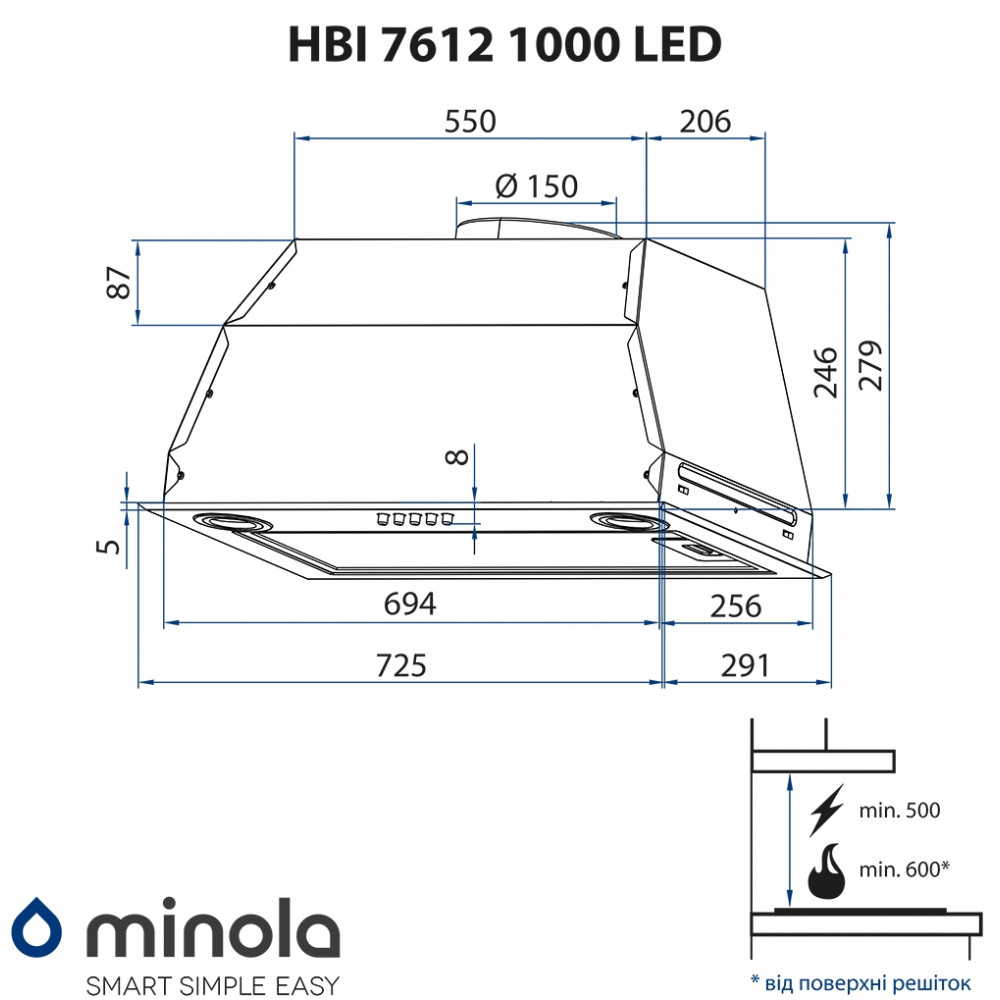 Витяжка повновбудована Minola HBI 7612 I 1000 LED