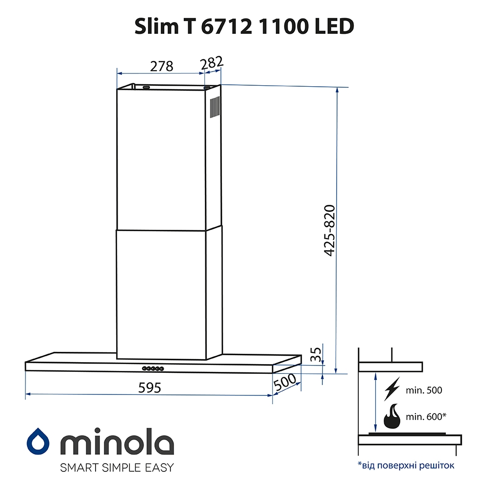 Декоративна витяжка Т-подібна Minola Slim T 6712 WH 1100 LED