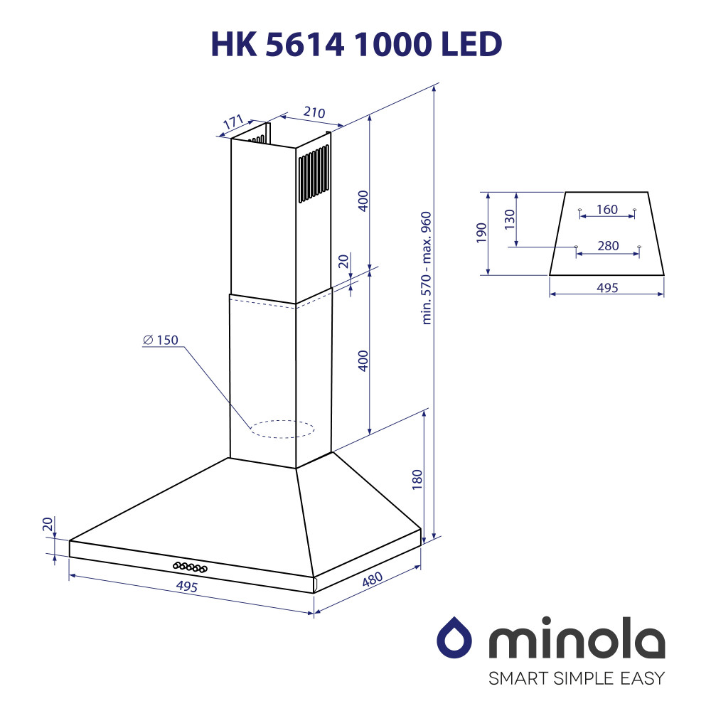 Вытяжка купольная Minola HK 5614 BL 1000 LED