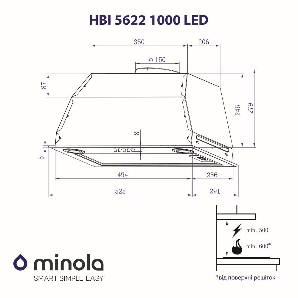 Витяжка повновбудована Minola HBI 5622 WH 1000 LED