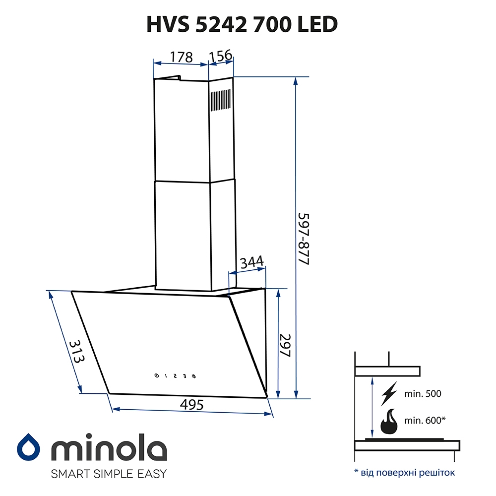 Витяжка декоративна похила Minola HVS 5242 BL 700 LED