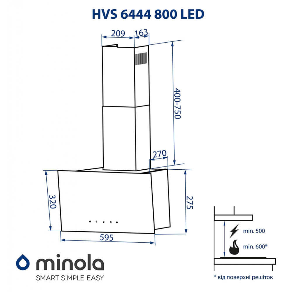 Витяжка декоративна похила Minola HVS 6444 BL 800 LED