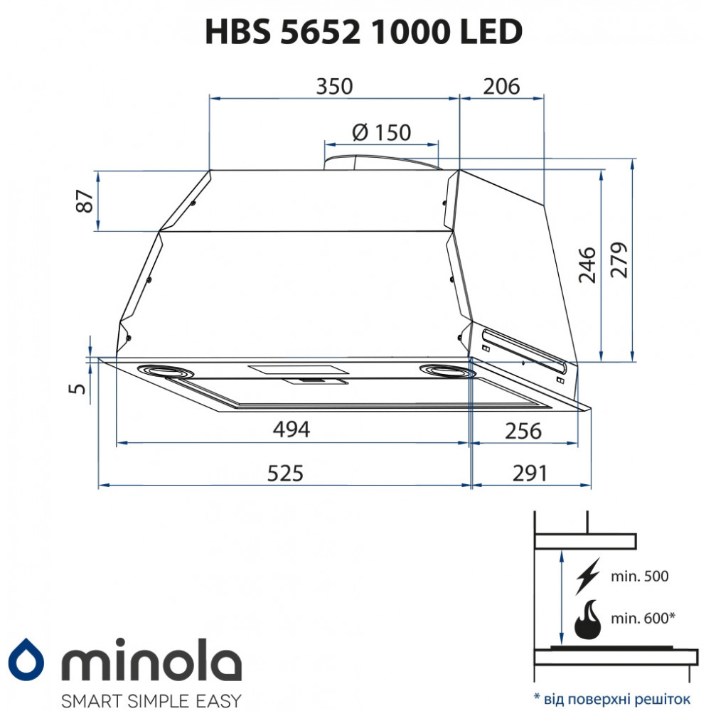 Витяжка повно вбудована Minola HBS 5652 BL 1000 LED