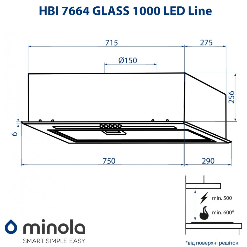 Витяжка повновбудована Minola HBI 7664 BL GLASS 1000 LED Line