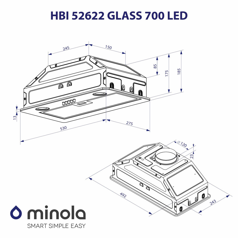 Витяжка повновбудована Minola HBI 52622 BL GLASS 700 LED