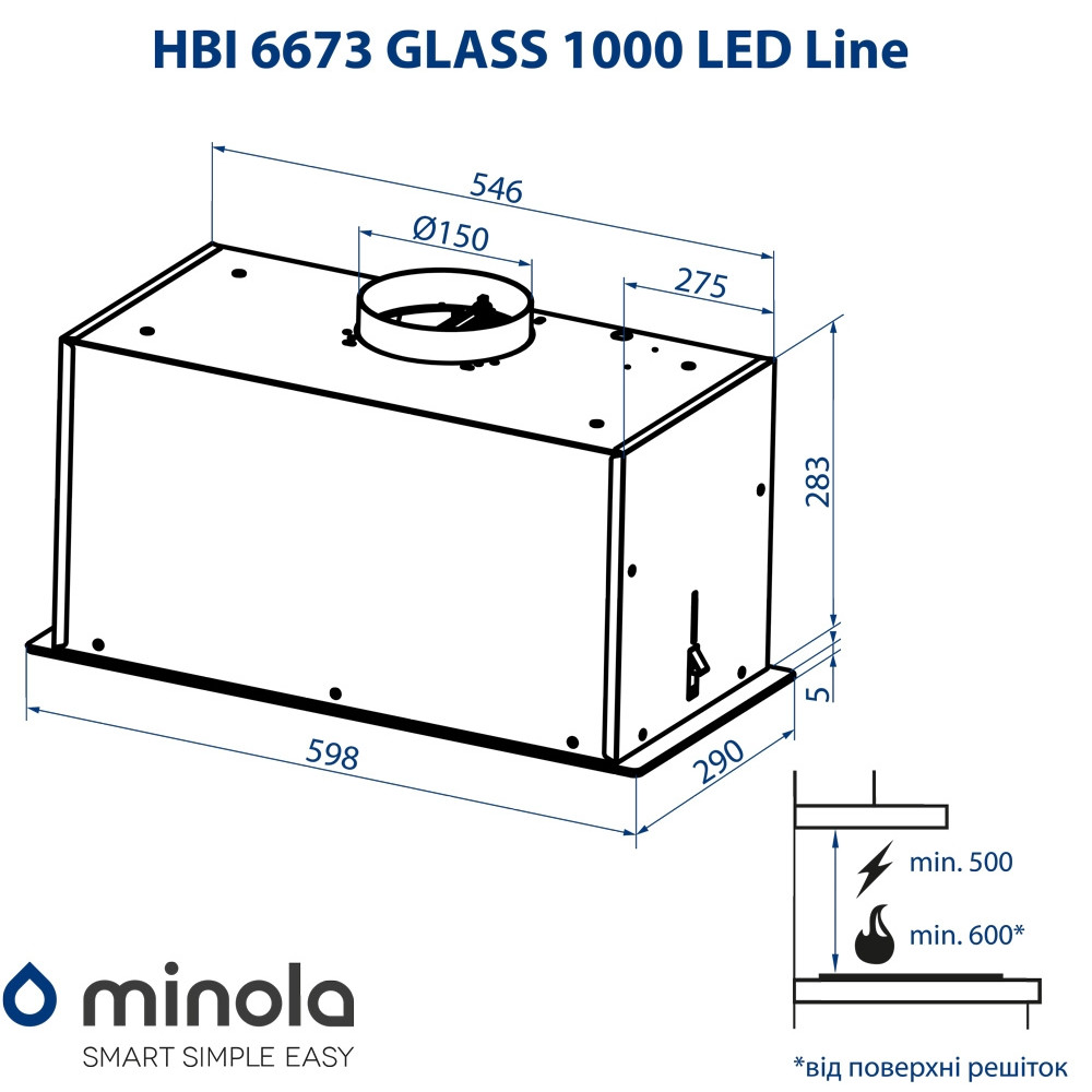 Витяжка повновбудована Minola HBI 6673 BL GLASS 1000 LED Line