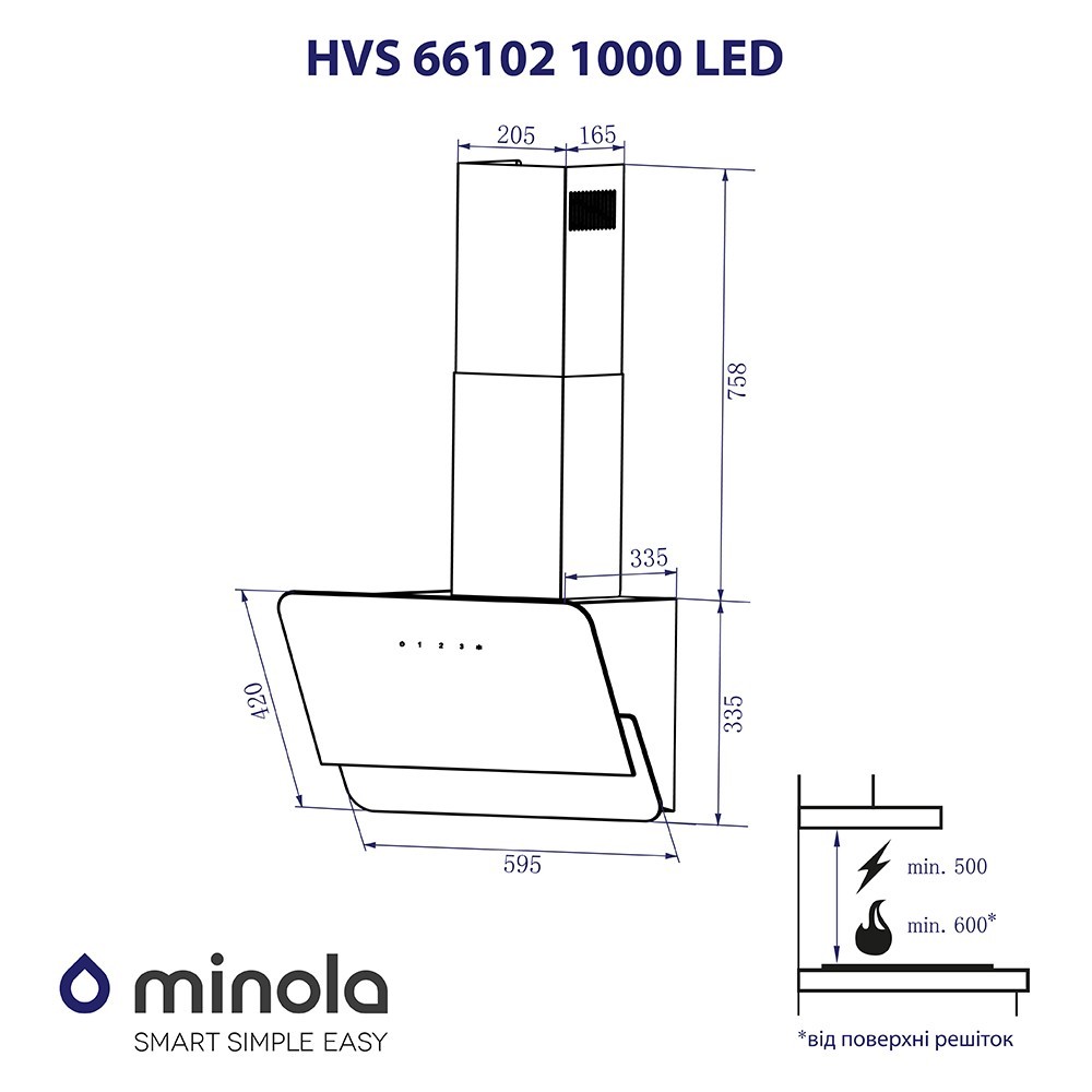 Витяжка декоративна похила Minola HVS 66102 BL 1000 LED