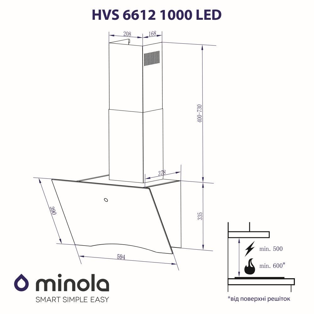 Витяжка декоративна похила Minola HVS 6612 WH 1000 LED