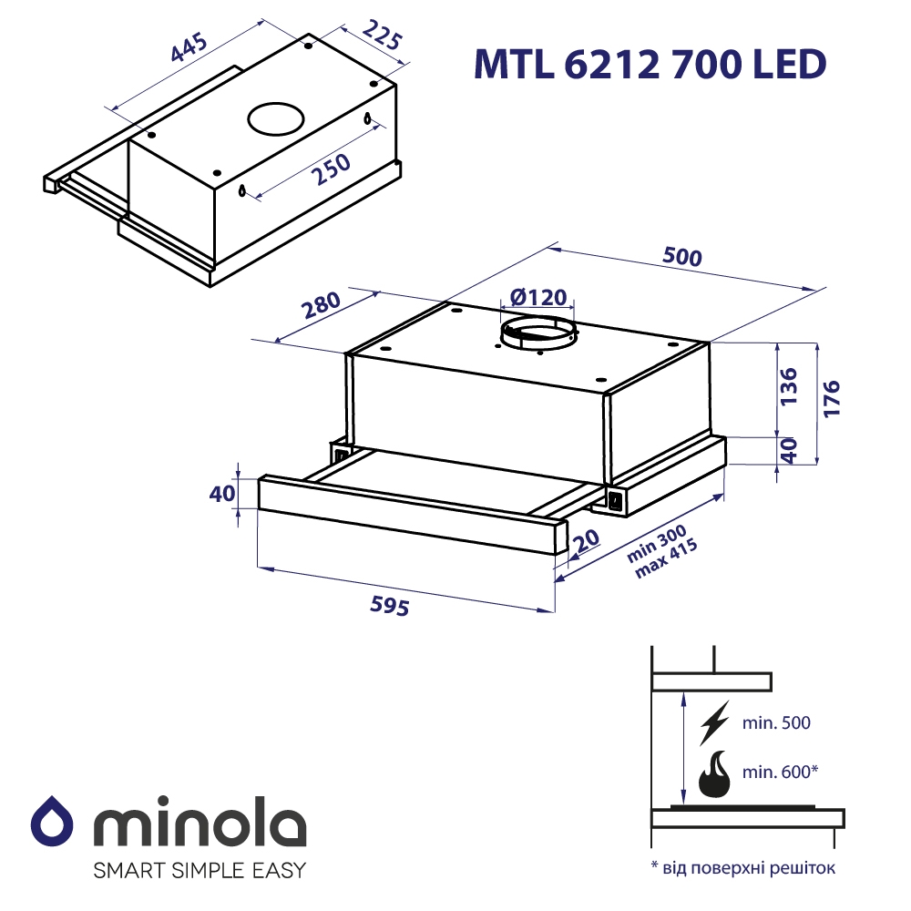Витяжка телескопічна Minola MTL 6212 GR 700 LED