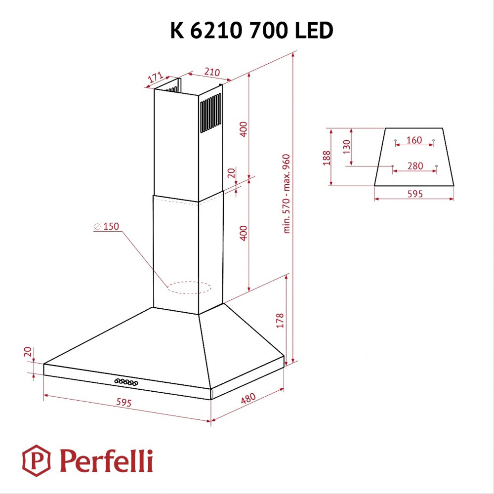 Вытяжка купольная Perfelli K 6210 BL 700 LED