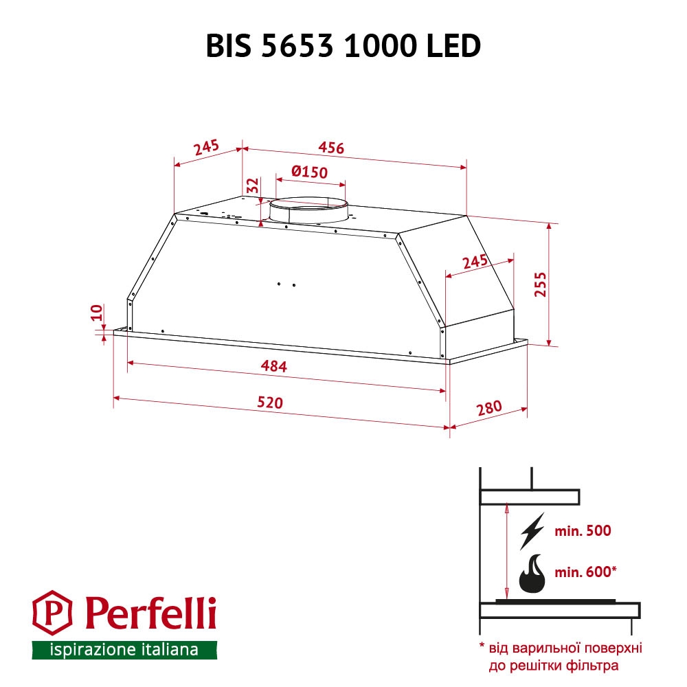 Витяжка повно вбудована Perfelli BIS 5653 WH 1000 LED