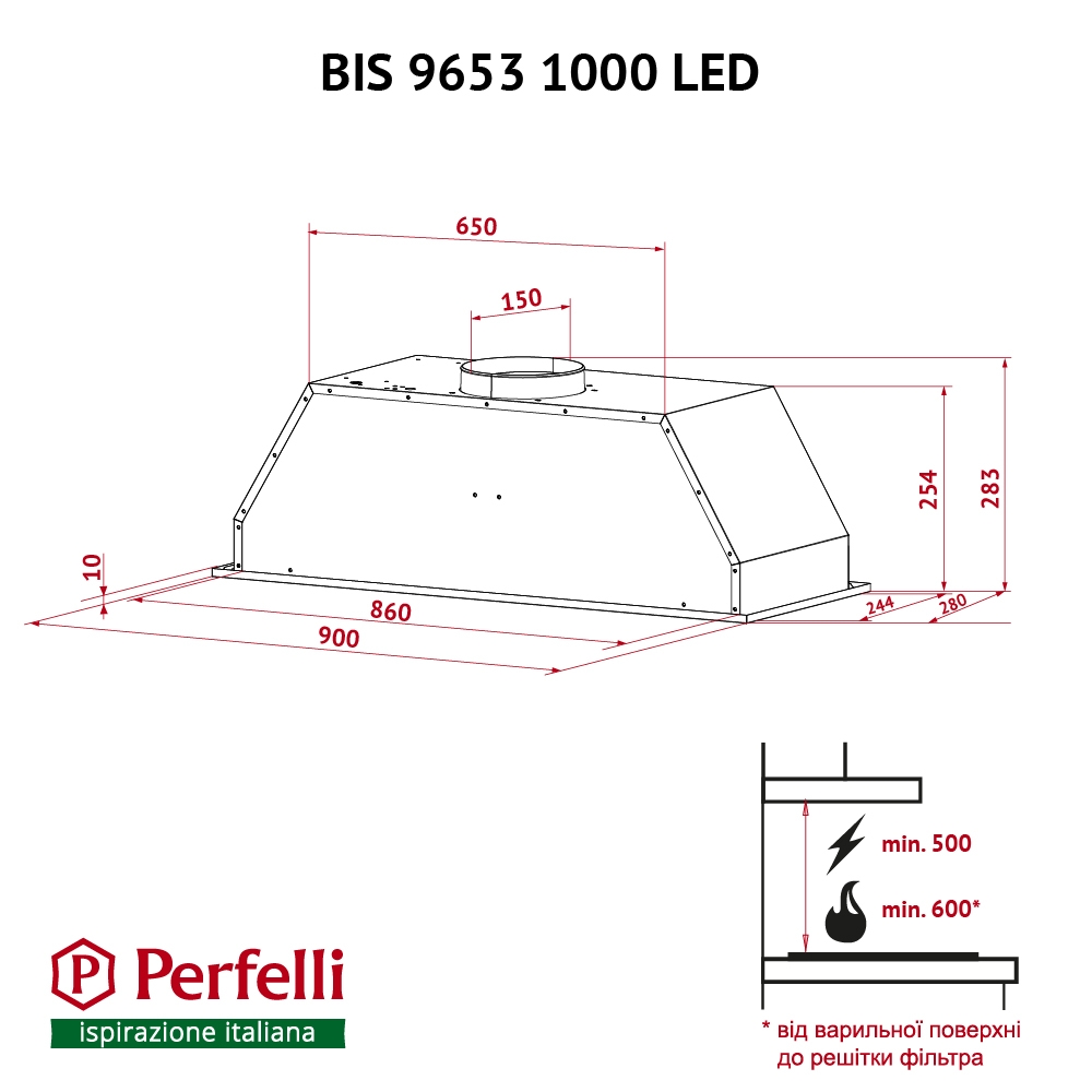 Витяжка повно вбудована Perfelli BIS 9653 I 1000 LED