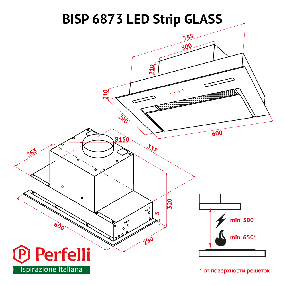 Витяжка повно вбудована Perfelli BISP 6873 BL LED Strip GLASS