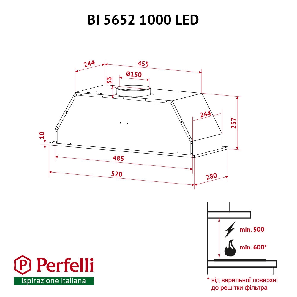 Витяжка повно вбудована Perfelli BI 5652 I 1000 LED