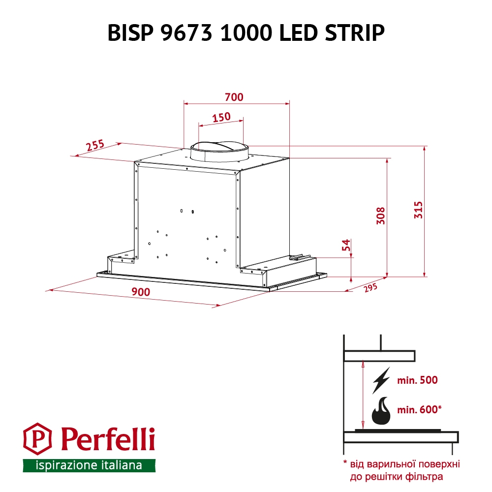 Витяжка повновбудована Perfelli BISP 9673 BL 1000 LED Strip