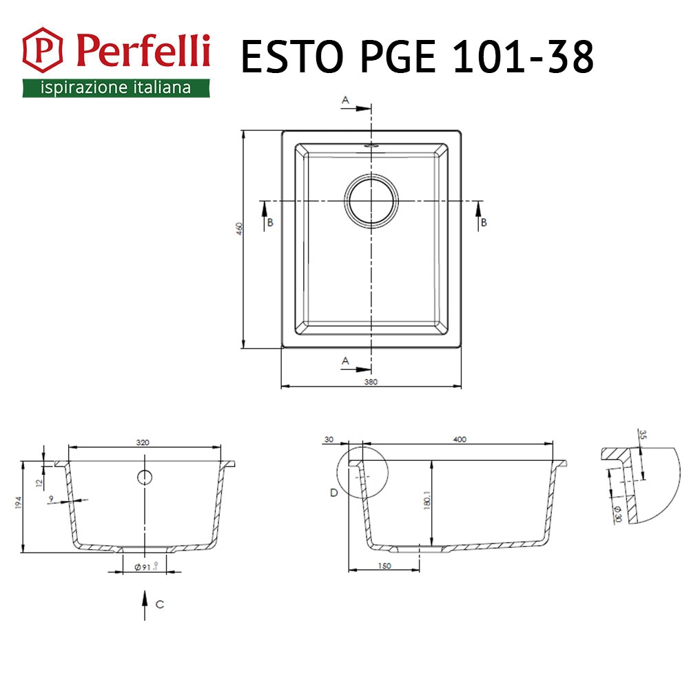Мийка кухонна гранітна Perfelli ESTO PGE 101-38 GREY METALLIC