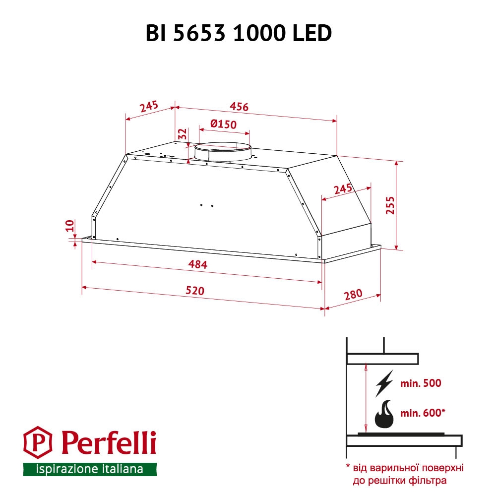 Витяжка повно вбудована Perfelli BI 5653 I 1000 LED