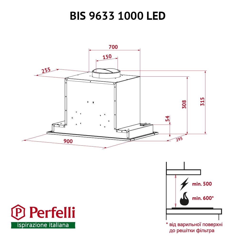 Витяжка повно вбудована Perfelli BIS 9633 I 1000 LED