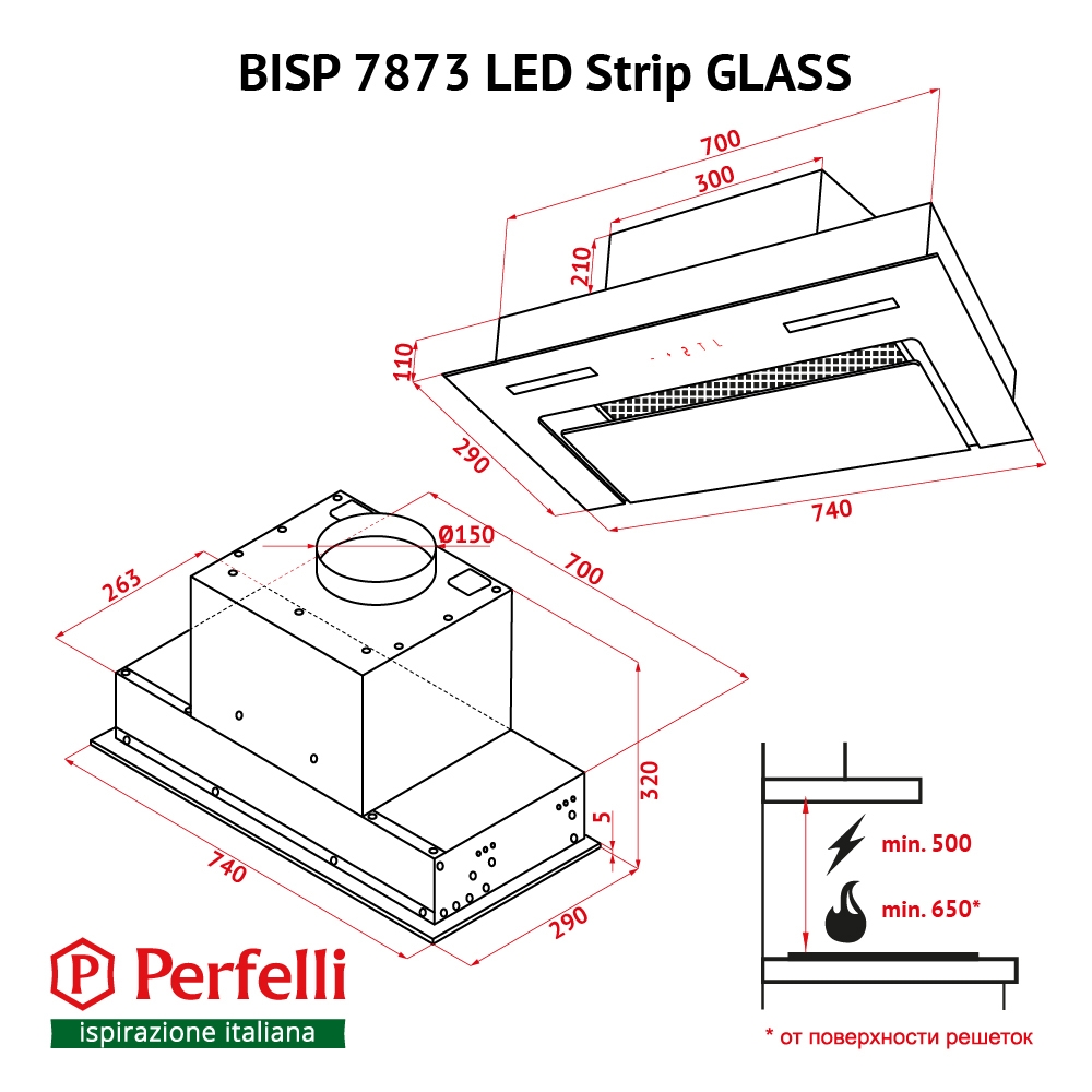Витяжка повно вбудована Perfelli BISP 7873 BL LED Strip GLASS