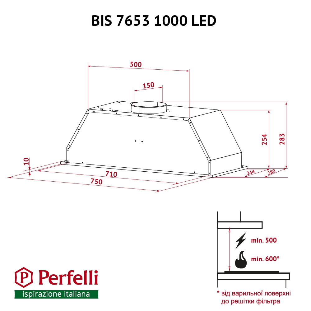 Витяжка повно вбудована Perfelli BIS 7653 I 1000 LED