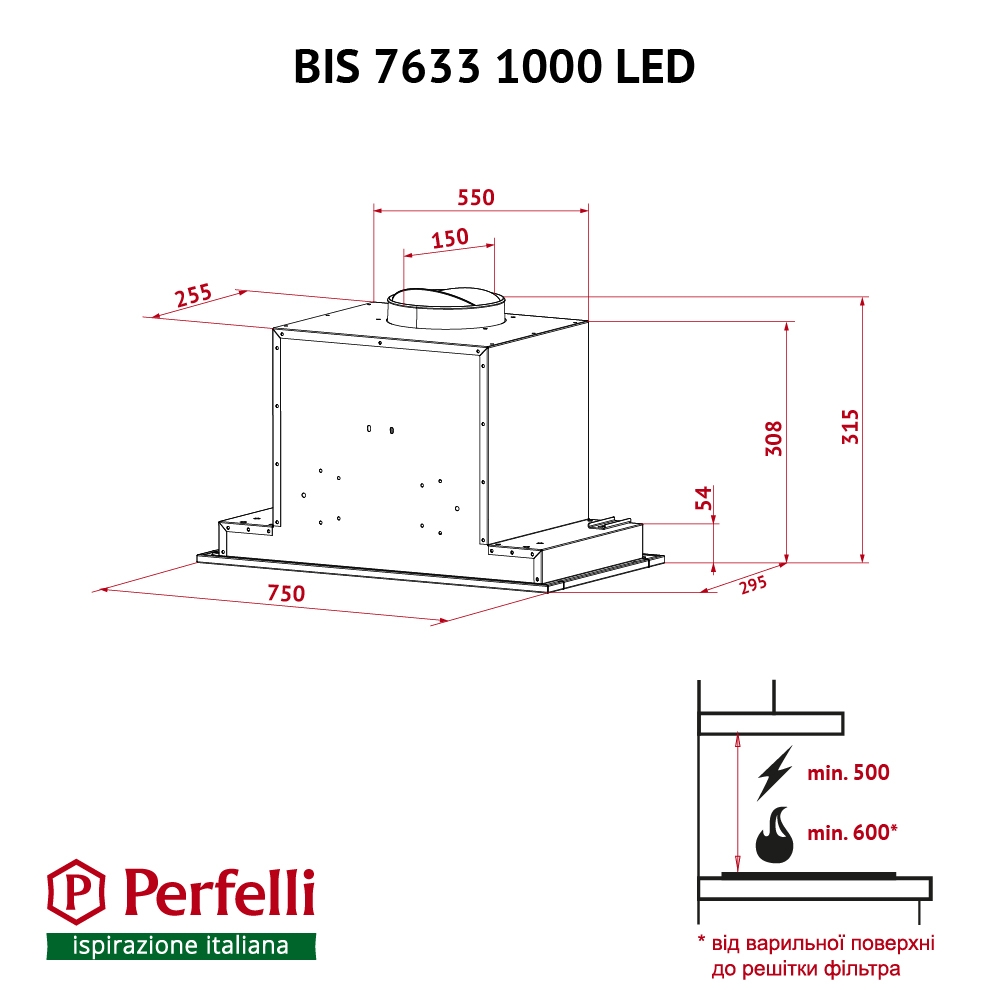 Витяжка повно вбудована Perfelli BIS 7633 I 1000 LED