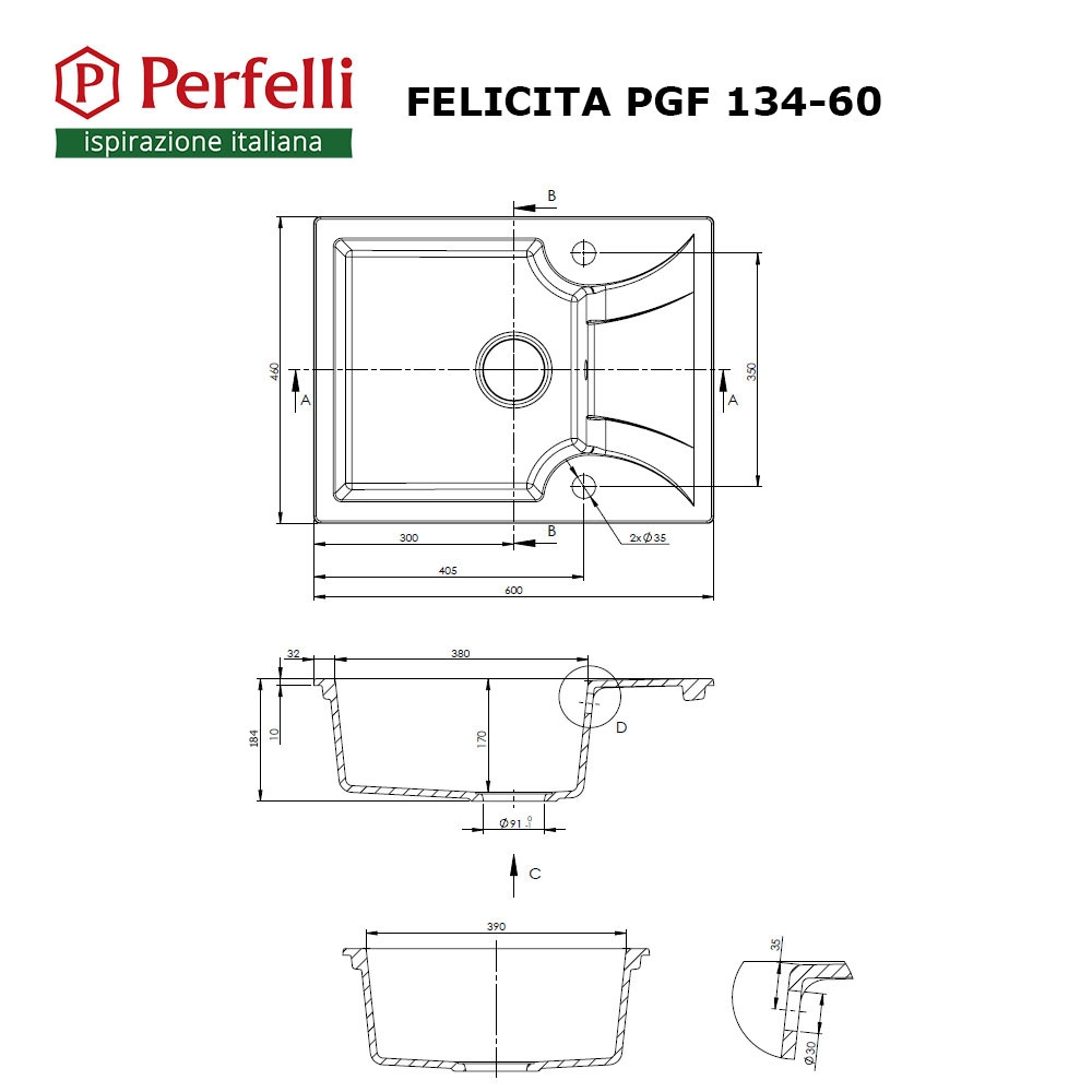 Мийка кухонна гранітна Perfelli FELICITA PGF 134-60 WHITE