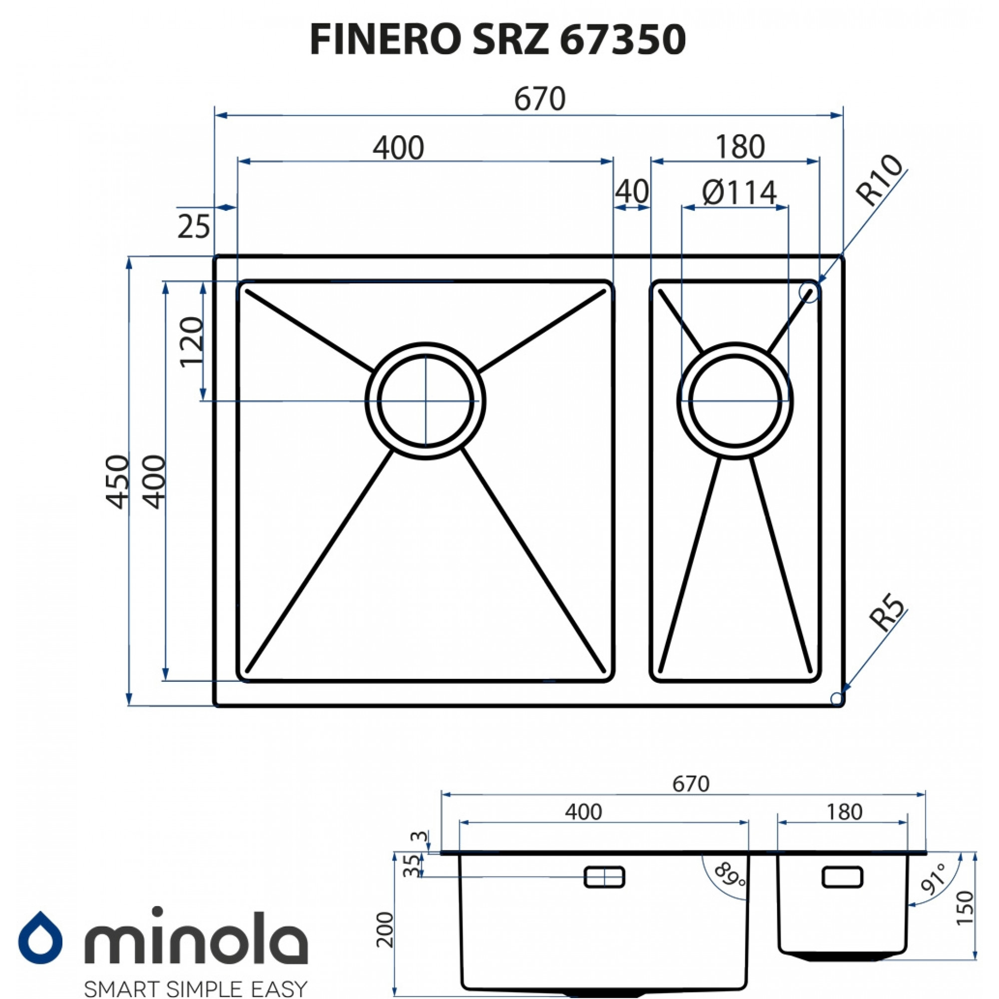 Мойка кухонная нержавеющая сталь MINOLA FINERO SRZ 67350 (Цвет Нержавеющая сталь) - фото 10 Мойка кухонная нержавеющая сталь MINOLA FINERO SRZ 67350 - фото 10