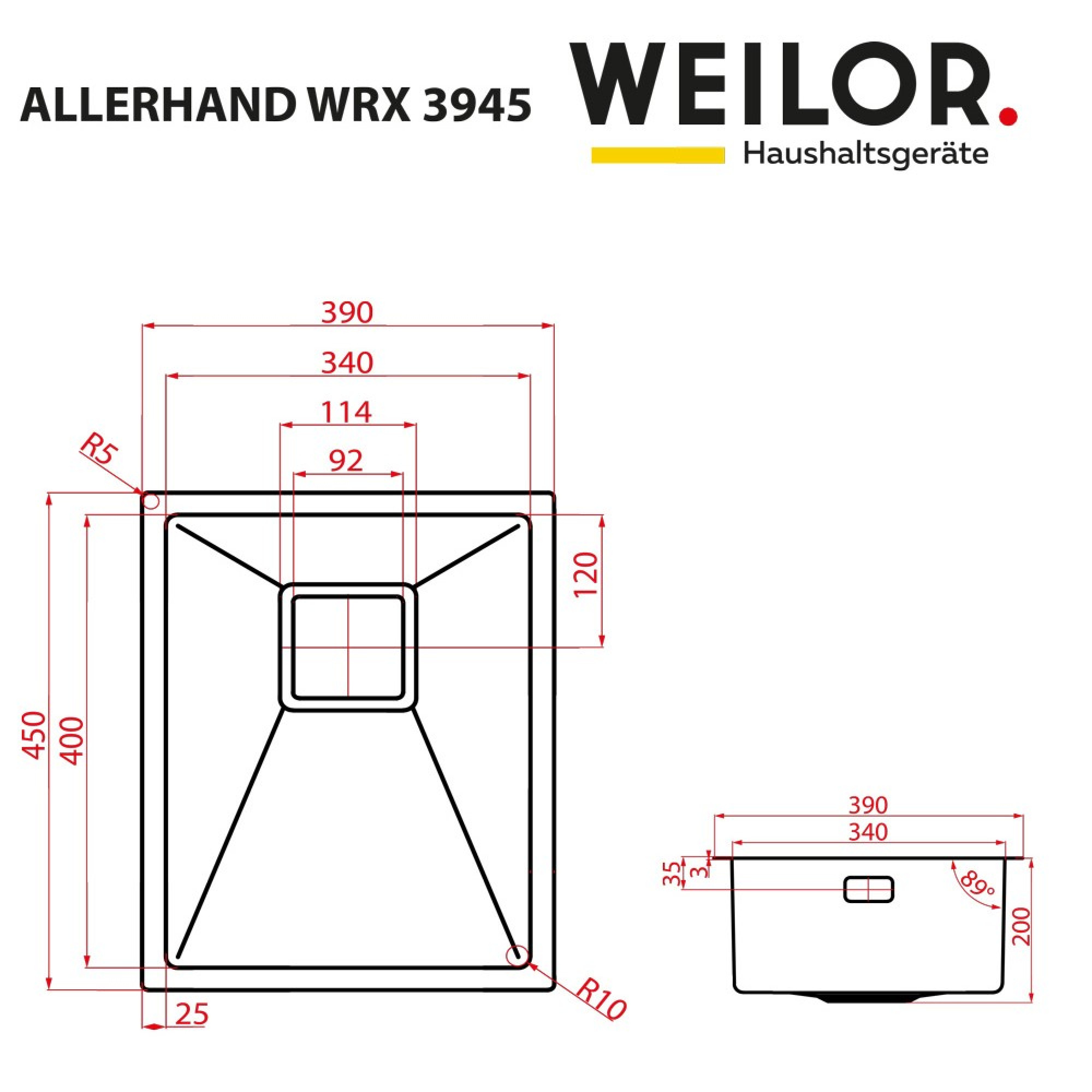 Мойка кухонная нержавеющая сталь WEILOR ALLERHAND WRX 3945 - фото 8