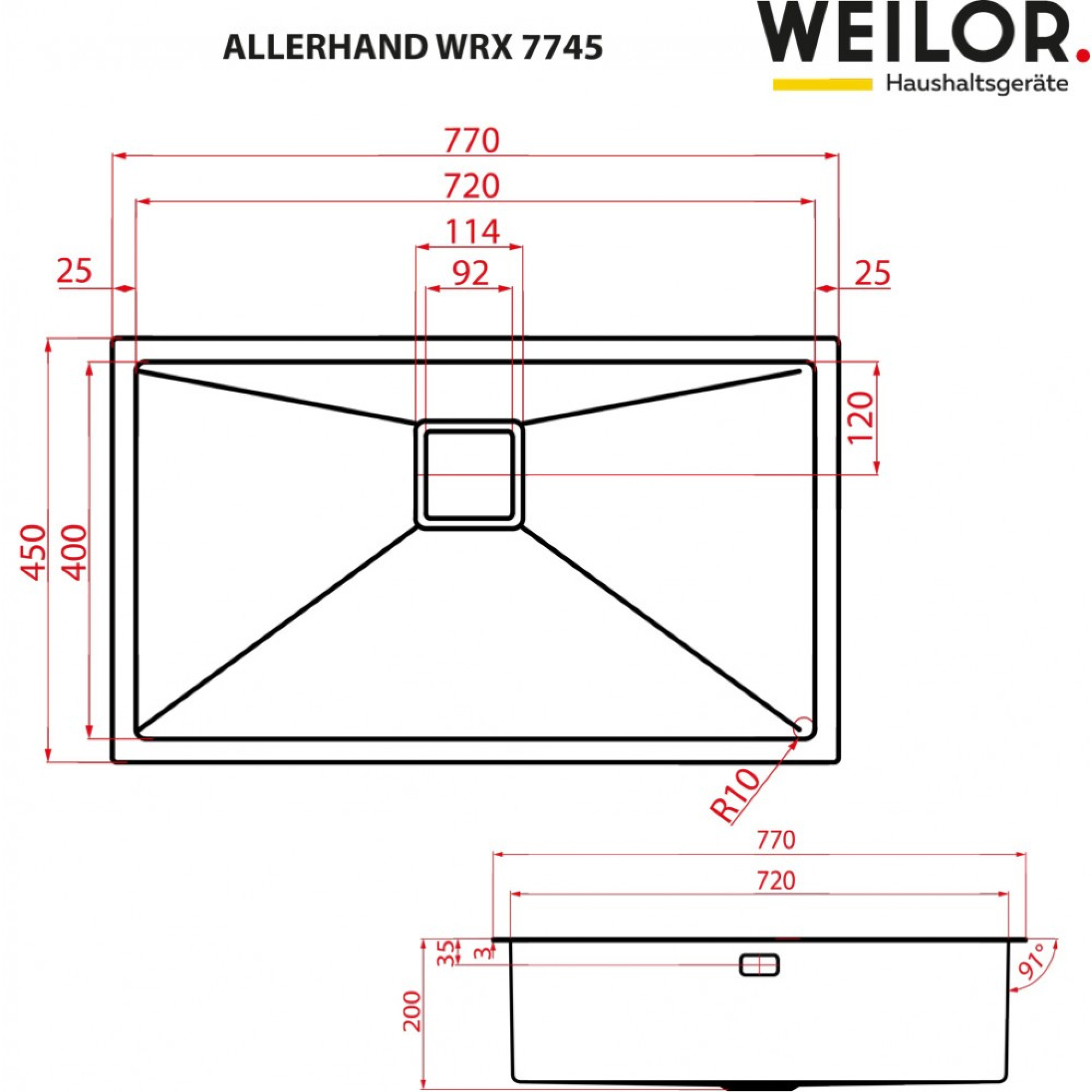 Мойка кухонная нержавеющая сталь WEILOR ALLERHAND WRX 7745 - фото 9