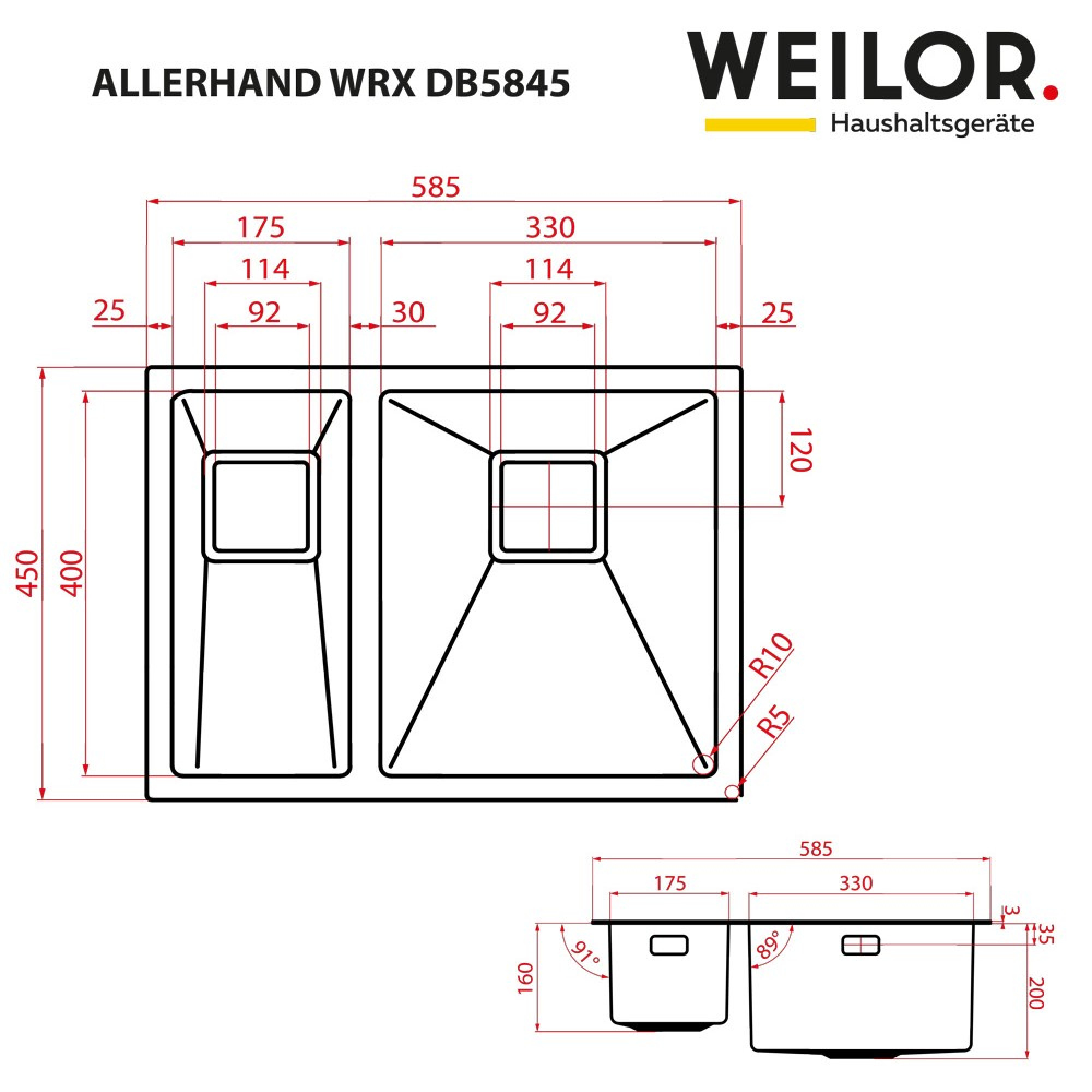 Мойка кухонная нержавеющая сталь WEILOR ALLERHAND WRX DB5845 (Цвет Нержавеющая сталь) - фото 12 Мойка кухонная нержавеющая сталь WEILOR ALLERHAND WRX DB5845 - фото 12