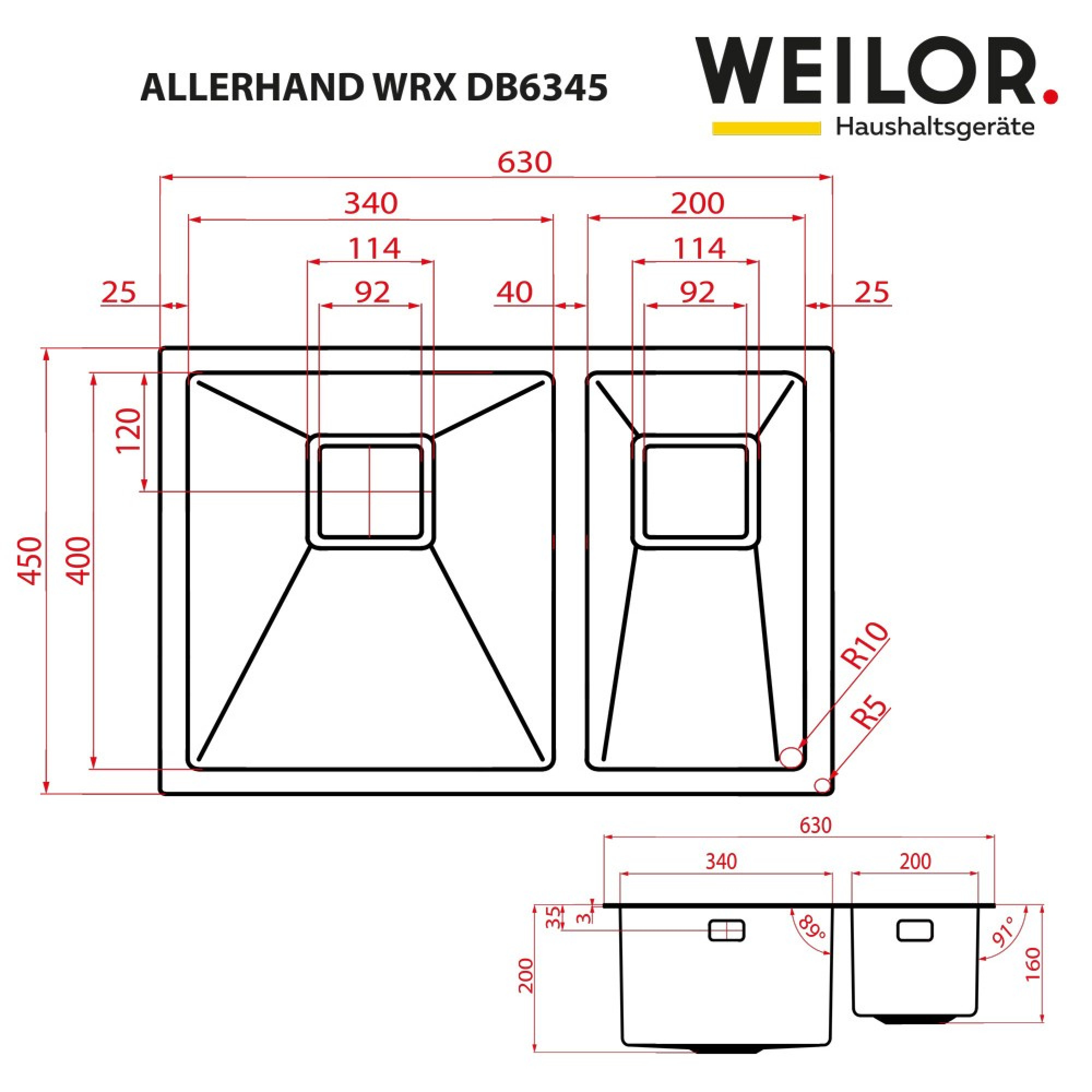Мойка кухонная нержавеющая сталь WEILOR ALLERHAND WRX DB6345 (Цвет Нержавеющая сталь) - фото 10 Мойка кухонная нержавеющая сталь WEILOR ALLERHAND WRX DB6345 - фото 10