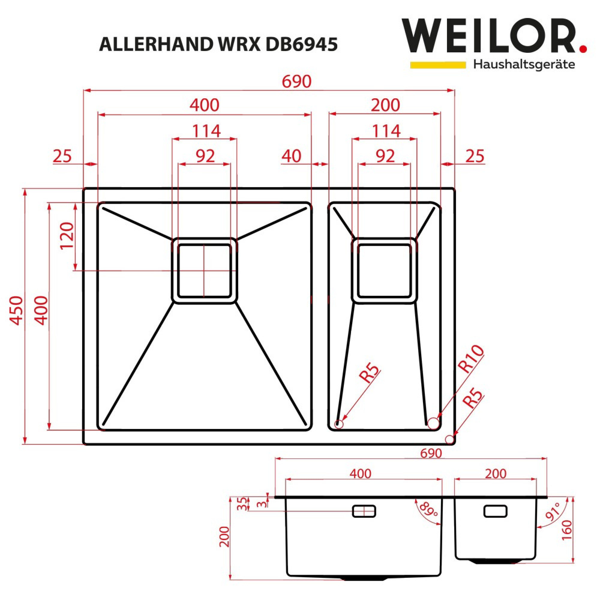 Мойка кухонная нержавеющая сталь WEILOR ALLERHAND WRX DB6945 (Цвет Нержавеющая сталь) - фото 10 Мойка кухонная нержавеющая сталь WEILOR ALLERHAND WRX DB6945 - фото 10