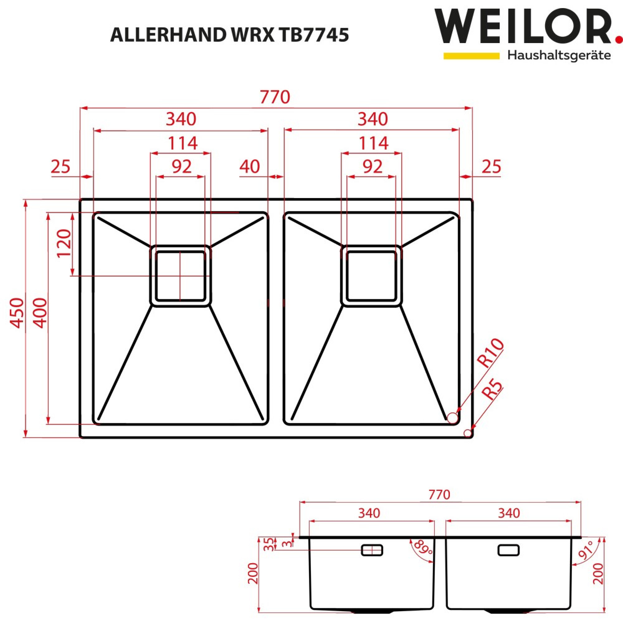 Мойка кухонная нержавеющая сталь WEILOR ALLERHAND WRX TB7745 (Цвет Нержавеющая сталь) - фото 10 Мойка кухонная нержавеющая сталь WEILOR ALLERHAND WRX TB7745 - фото 10