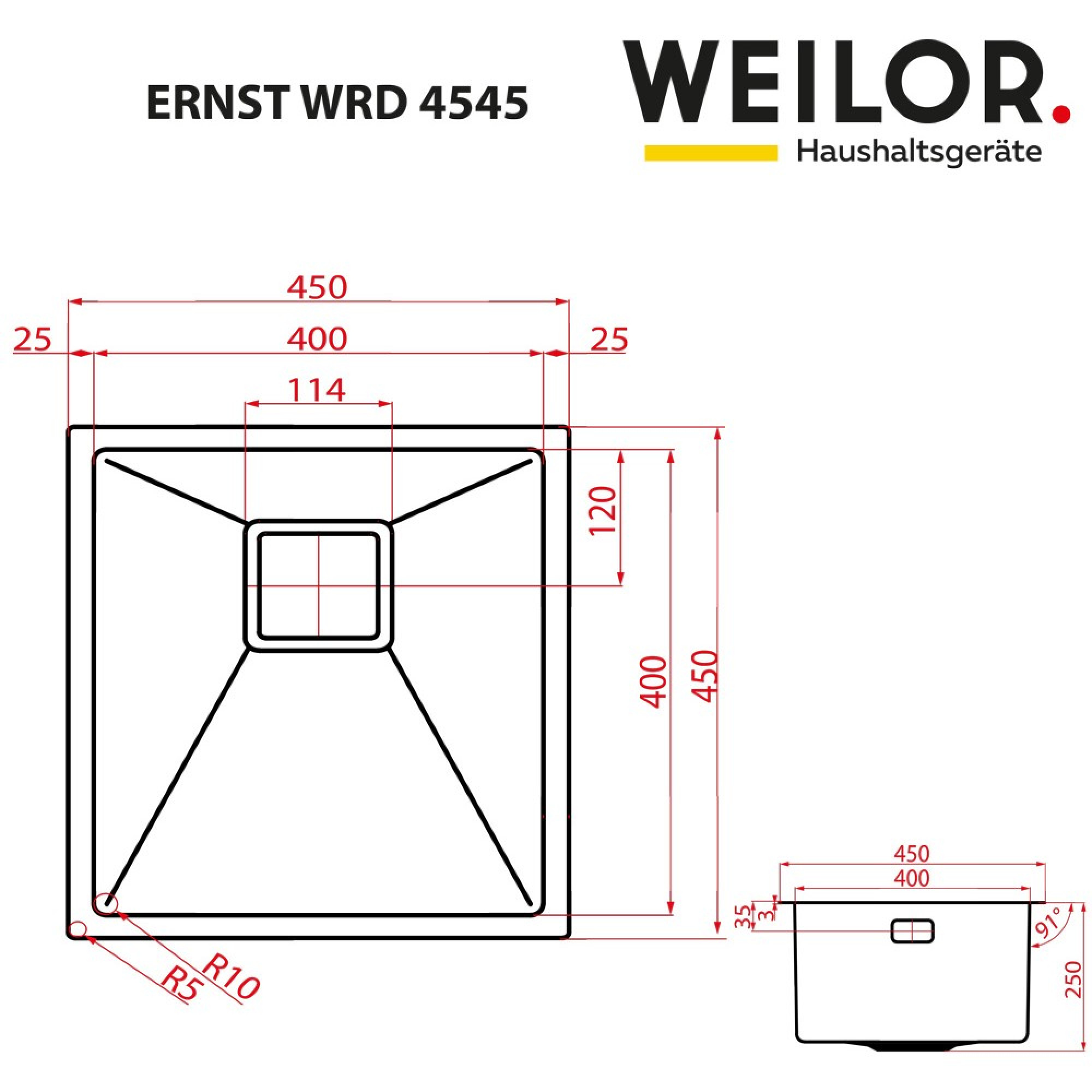 Мойка кухонная нержавеющая сталь WEILOR ERNST WRD 4545 - фото 8