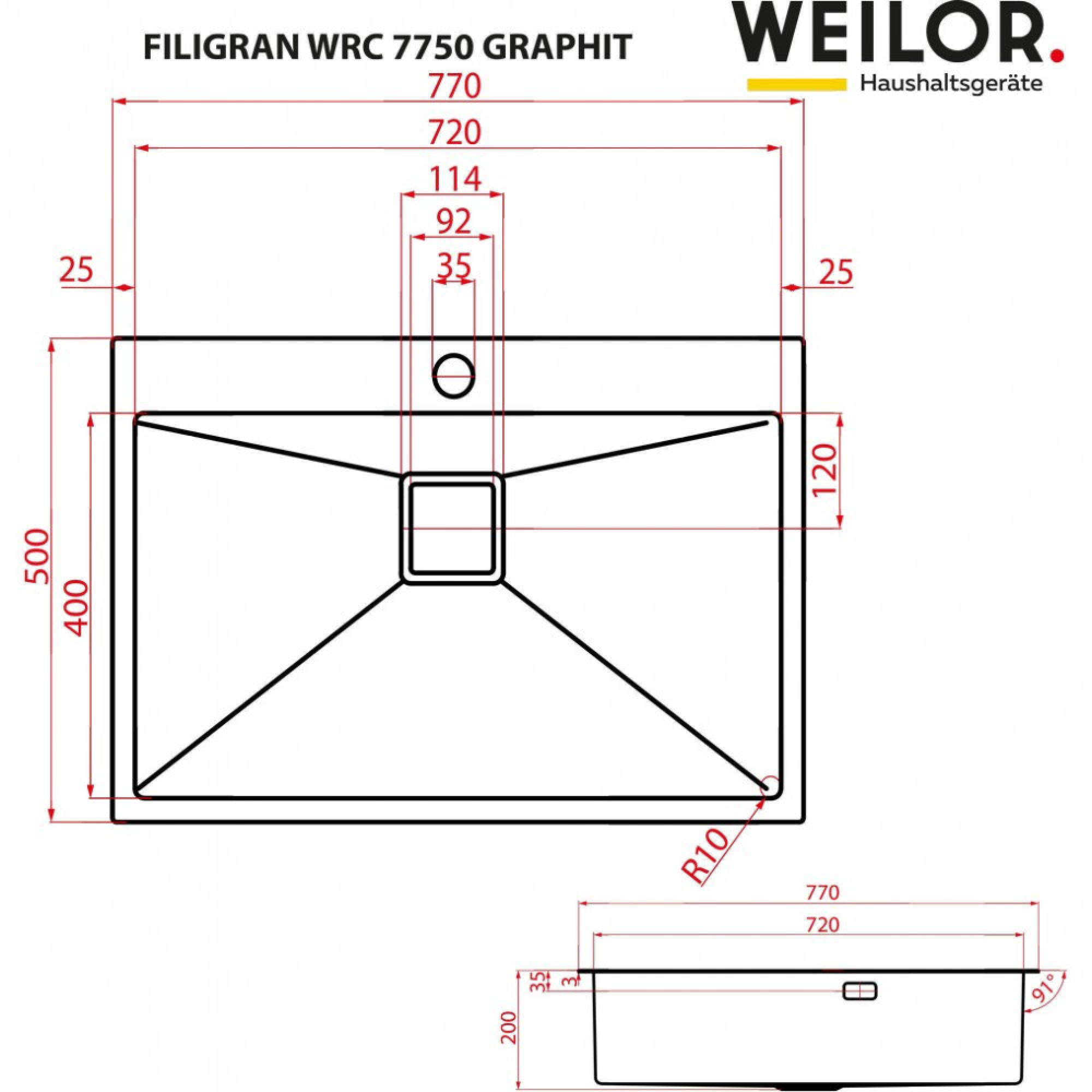 Мойка кухонная нержавеющая сталь WEILOR FILIGRAN WRC 7750 GRAPHIT (Цвет Нержавеющая сталь) - фото 9 Мойка кухонная нержавеющая сталь WEILOR FILIGRAN WRC 7750 GRAPHIT - фото 9