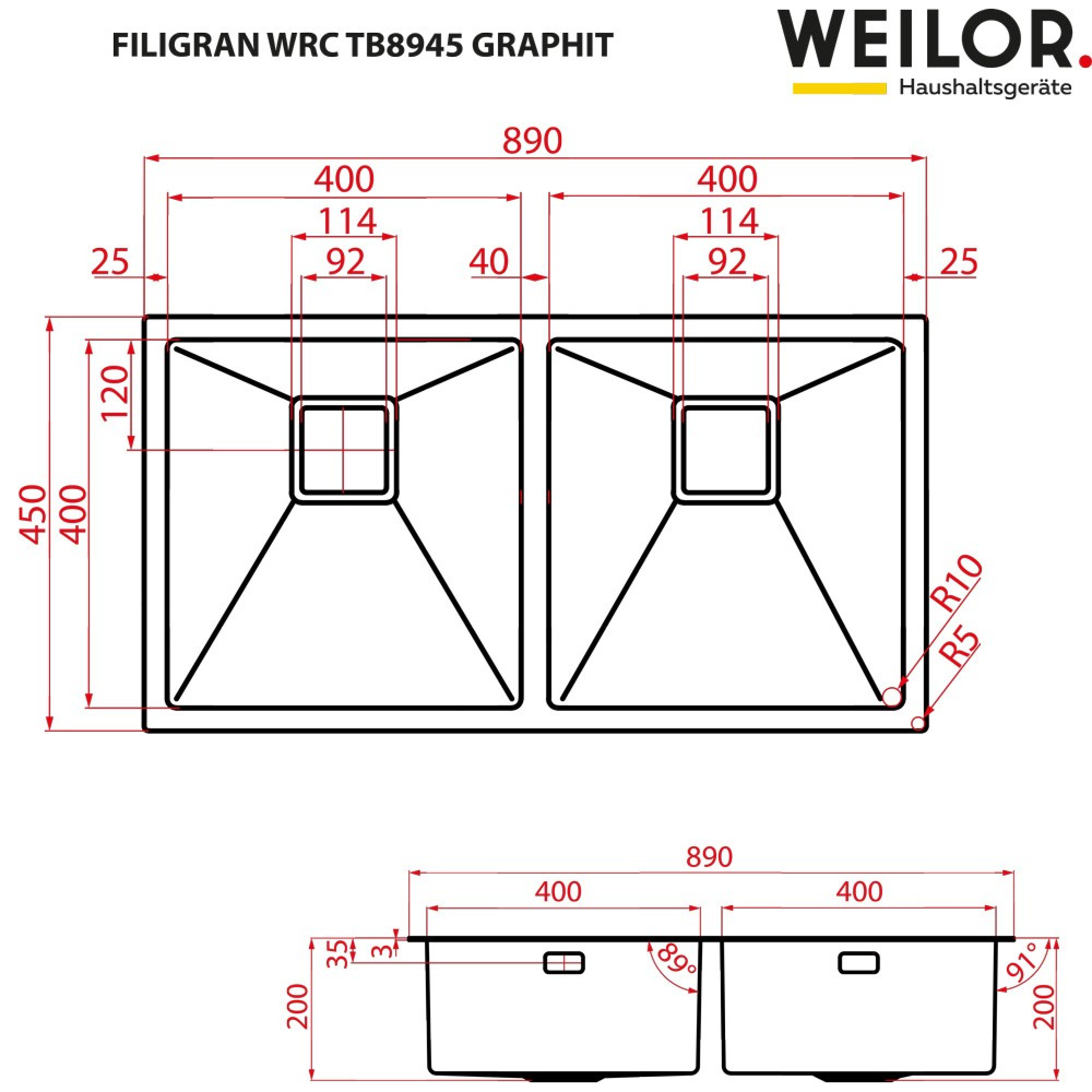 Мойка кухонная нержавеющая сталь WEILOR FILIGRAN WRC TB8945 GRAPHIT - фото 10