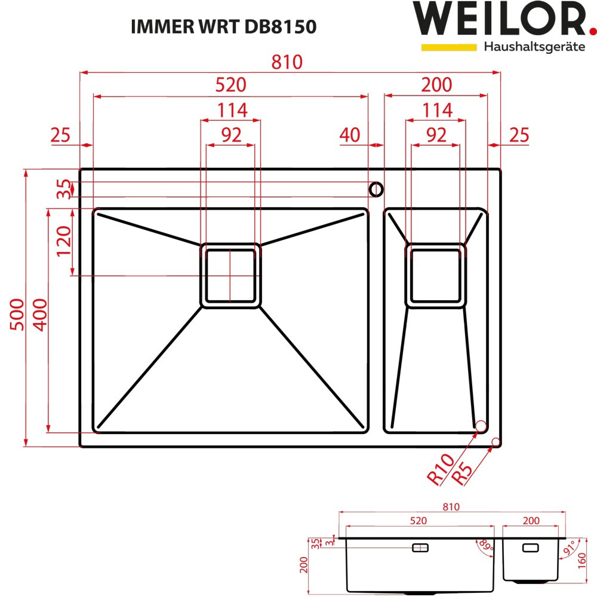 Мойка кухонная нержавеющая сталь Weilor IMMER WRT DB8150 - фото 10