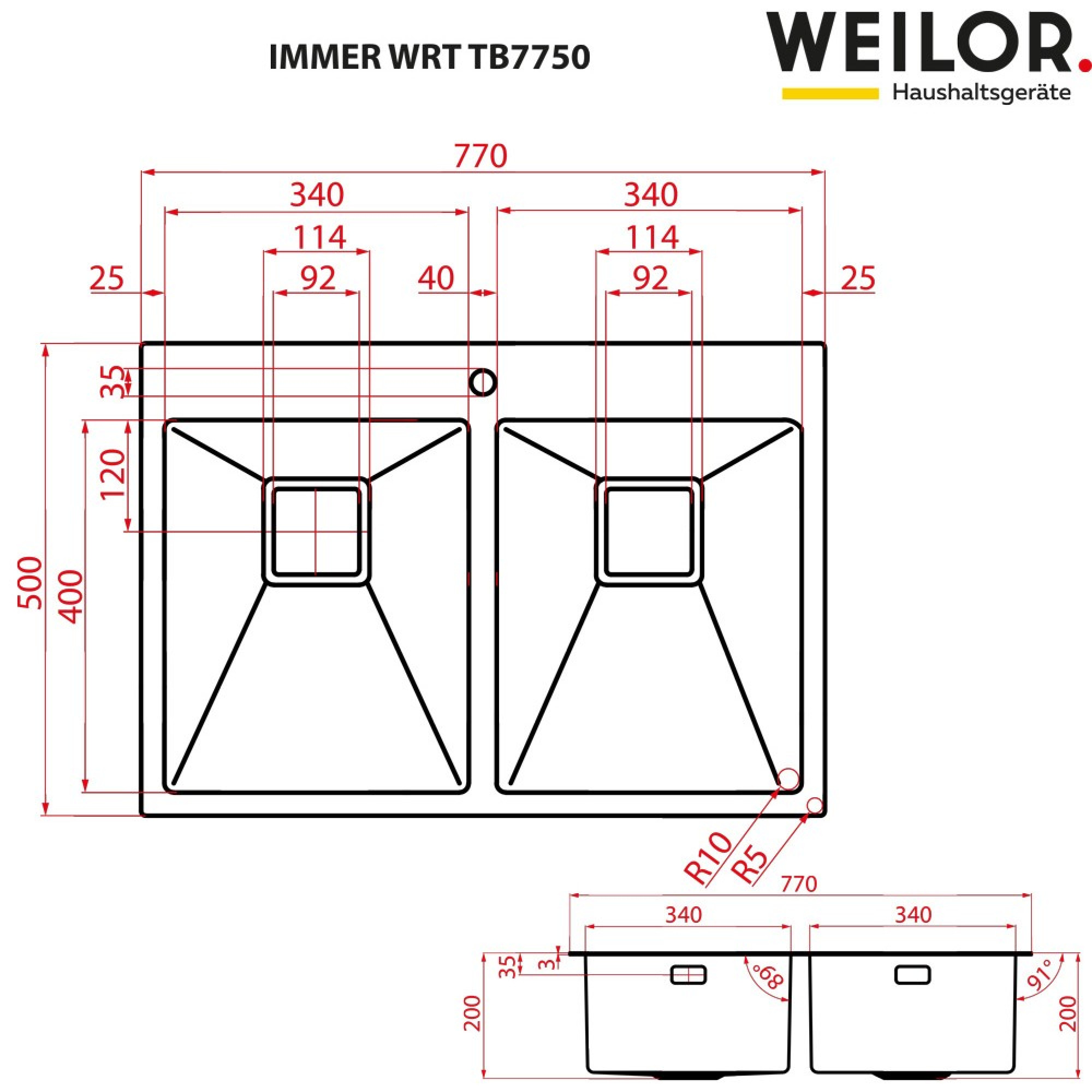 Мойка кухонная нержавеющая сталь Weilor IMMER WRT TB7750 - фото 9